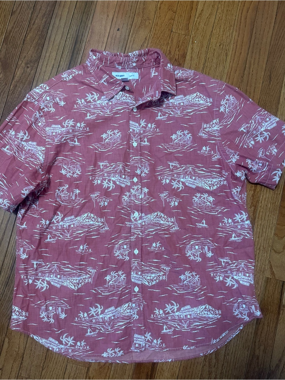 Old Navy Men's Rust Red Hawaiian Print Short-Sleeve Button-Up Shirt